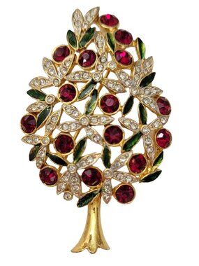 Sphinx Gold Tone Green Enamel Red, Clear Rhinestone Christmas Tree Brooch E749